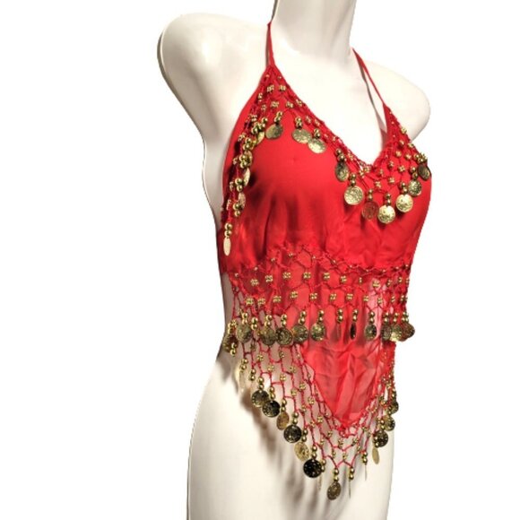 Red Belly Dancing Top Crocheted with Gold Beads Coins Halter Crop Top - NEW ! - Picture 4 of 6